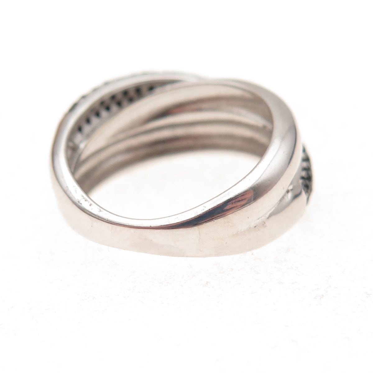 925 Sterling Silver Real Round-Cut Black Spinel Crisscross Ring Size 6.25