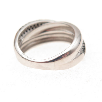 925 Sterling Silver Real Round-Cut Black Spinel Crisscross Ring Size 6.25