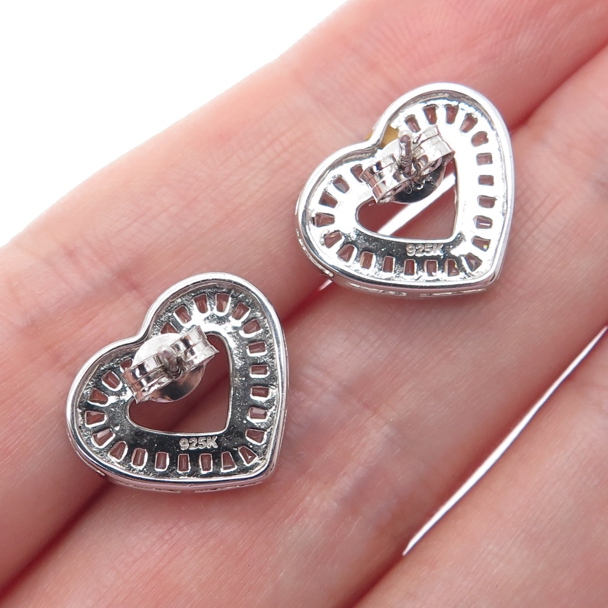 925 Sterling Silver Round & Tapered Baguette-Cut C Z Heart Stud Earrings