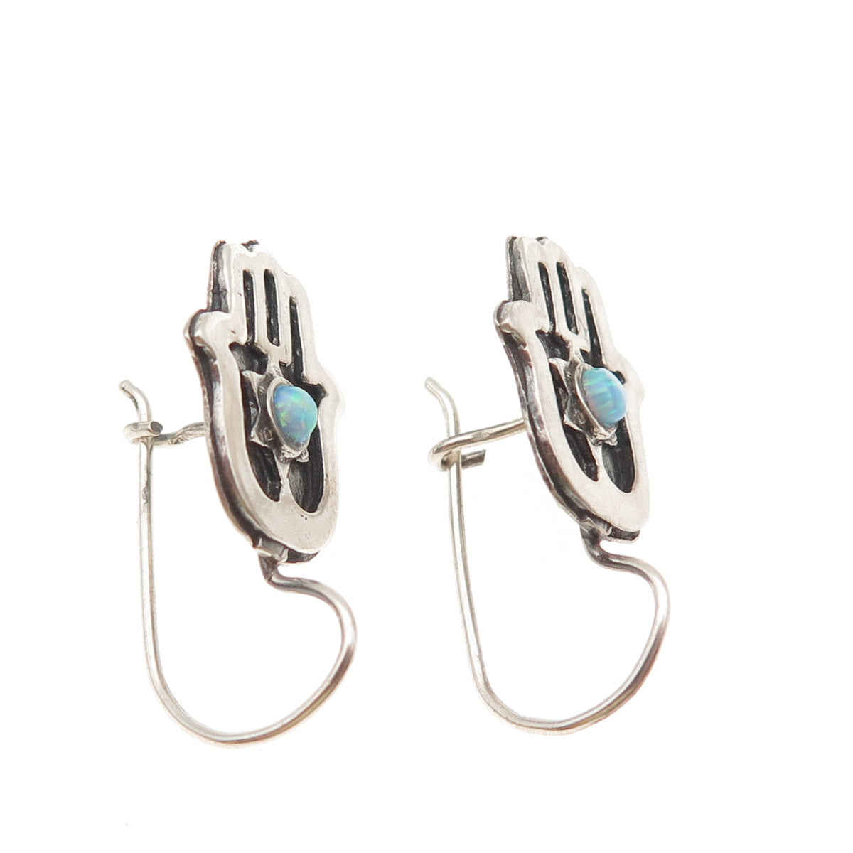 925 Sterling Silver Vintage Real Opal Star of David Hamsa Judaica Earrings