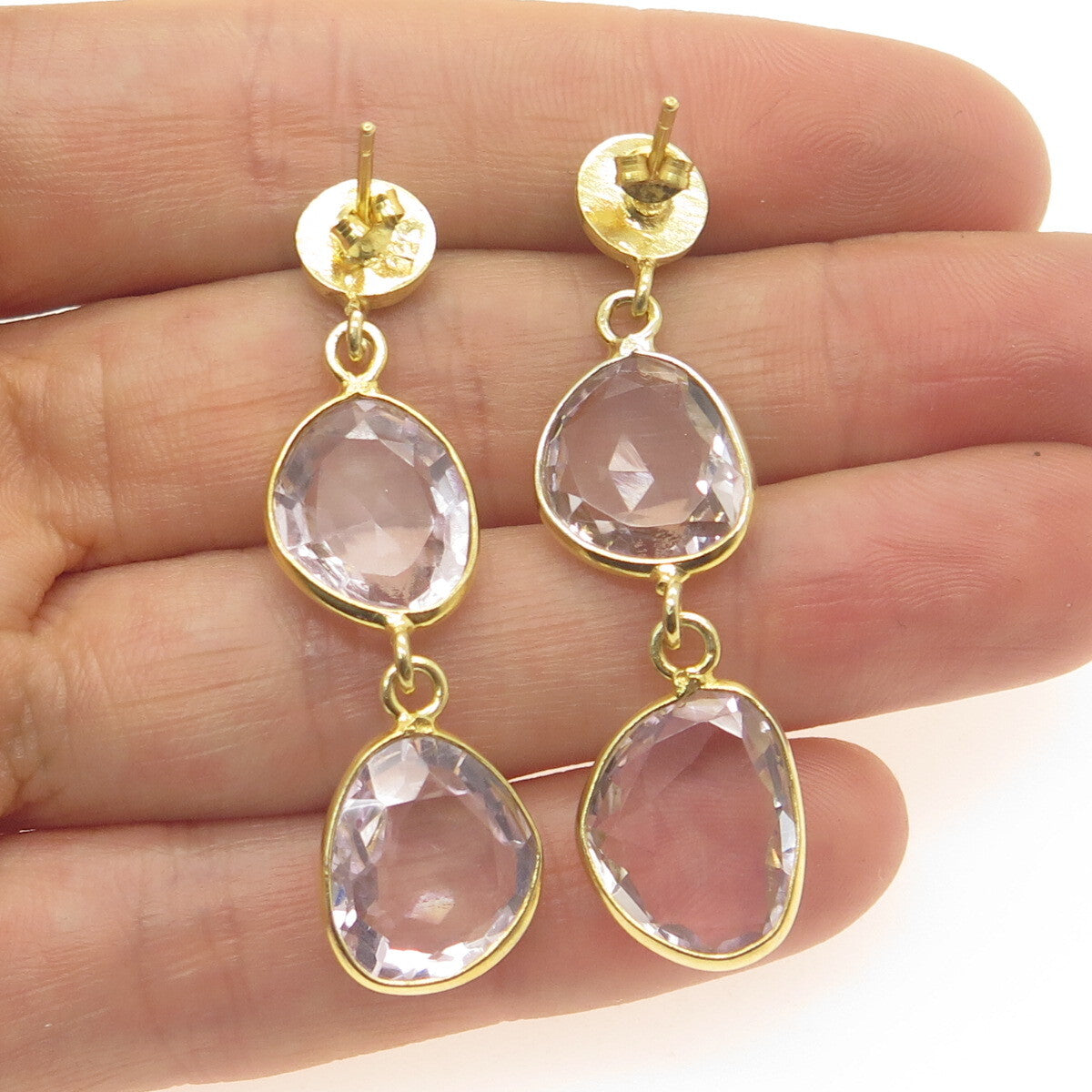 925 Sterling Silver Gold Plated Vintage Amethyst Modernist Dangle Earrings