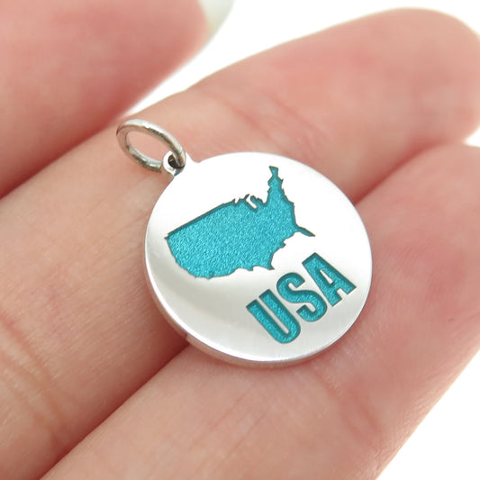 925 Sterling Silver Turquoise Enamel USA Map Round Tag Minimalist Charm Pendant