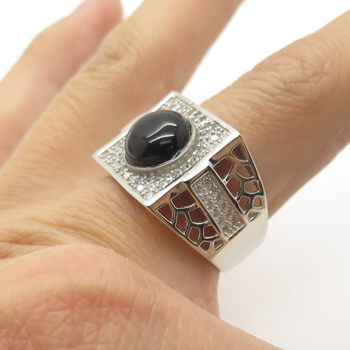 925 Sterling Silver Real Black Onyx Gemstone & C Z Ring Size 9.5