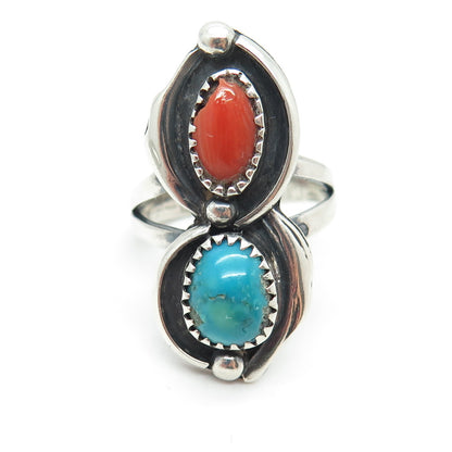 A.L. BECENTI NAVAJO Old Pawn 925 Sterling Silver Turquoise Coral Ring Size 7.25