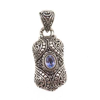 Sarda 925 Sterling Silver Vintage Real Iolite Ornate Oxidized Charm Pendant