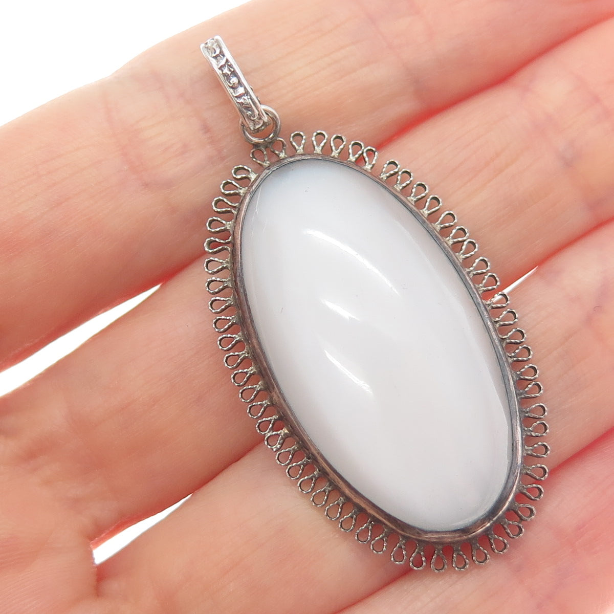 925 Sterling Silver Antique Art Deco Milky Glass Filigree Pendant