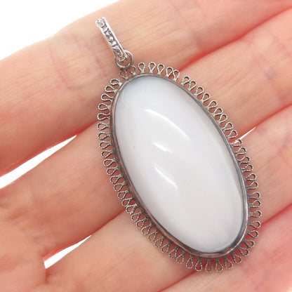925 Sterling Silver Antique Art Deco Milky Glass Filigree Pendant