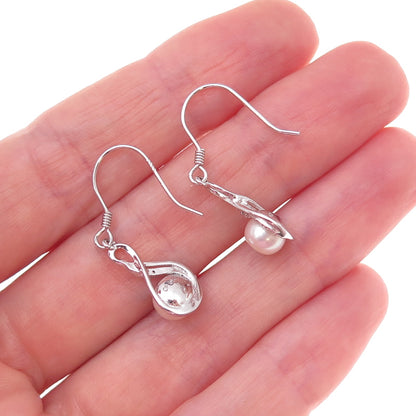 925 Sterling Silver Real Diamond & Pearl Infinity Dangle Earrings