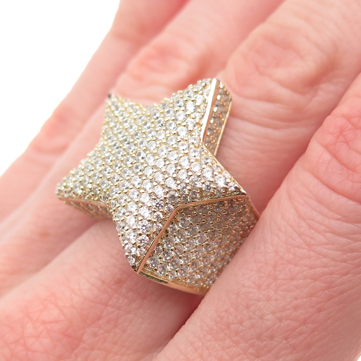 925 Sterling Silver Gold Plated Round-Cut C Z Star Statement Ring Size 7