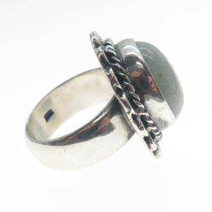 925 Sterling Silver Vintage Real Jade Flower Oxidized Ring Size 7.25