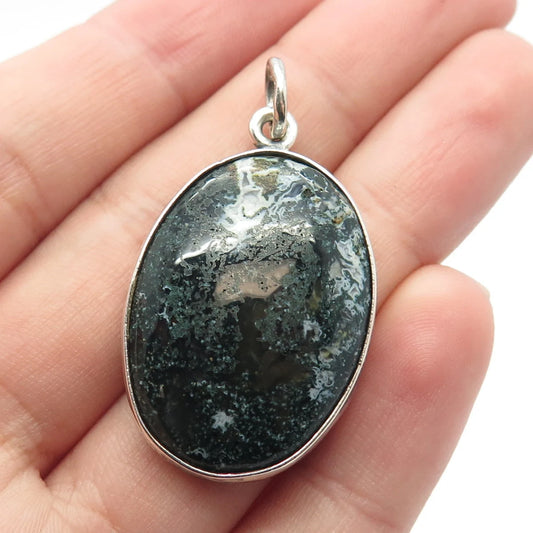 925 Sterling Silver Vintage Real Agate Gem Oval Pendant