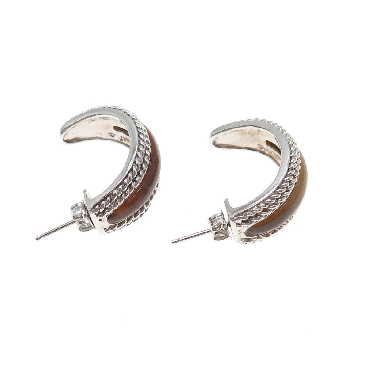 SAI 925 Sterling Silver Vintage Real Tiger Eye Crescent Hoop Earrings