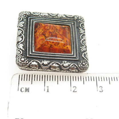 N. GAITARA 925 Sterling Silver Vintage Amber Floral Frame Pin Brooch