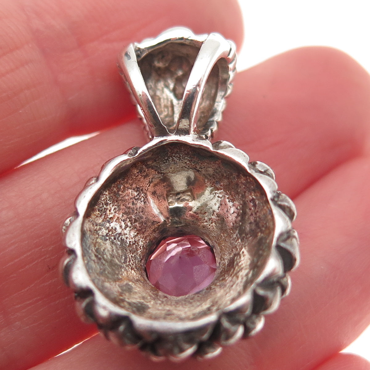 925 Sterling Silver Vintage Real Amethyst Oxidized Charm Pendant