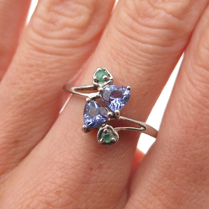 Chuck Clemency 925 Sterling Silver Real Tanzanite & Emerald Heart Ring Size 8.25