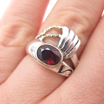 925 Sterling Silver 2-Tone Vintage Real Red Garnet Modernist Ring Size 5.75