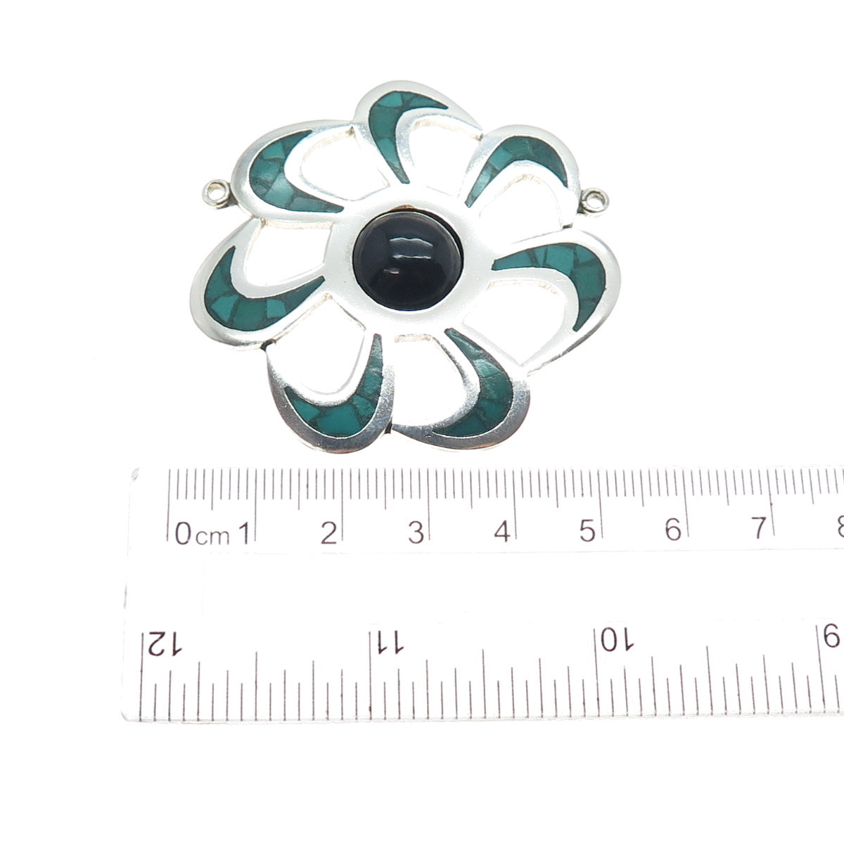 925 Sterling Vintage Mexico Real Onyx Turquoise Inlay Flower Centerpiece Pendant
