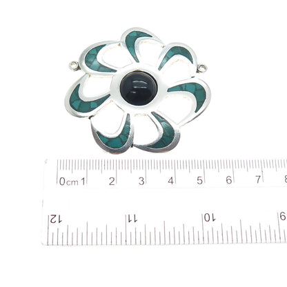 925 Sterling Vintage Mexico Real Onyx Turquoise Inlay Flower Centerpiece Pendant