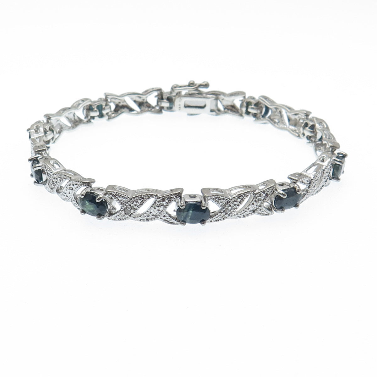 925 Sterling Silver Real Diamond Accent & Sapphire Gem XO Link Bracelet 7"