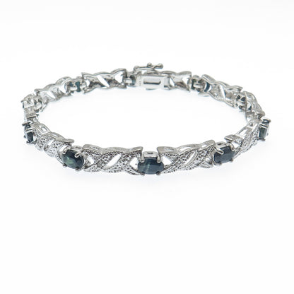 925 Sterling Silver Real Diamond Accent & Sapphire Gem XO Link Bracelet 7"