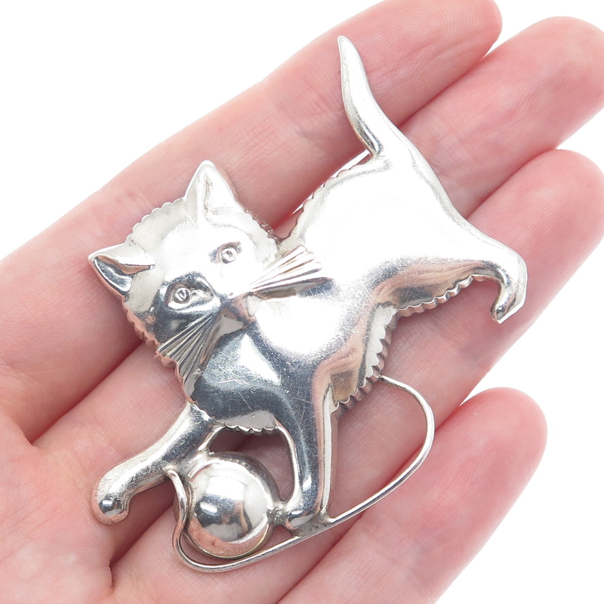 LANG 925 Sterling Silver Antique Art Deco Playing Cat Pin Brooch