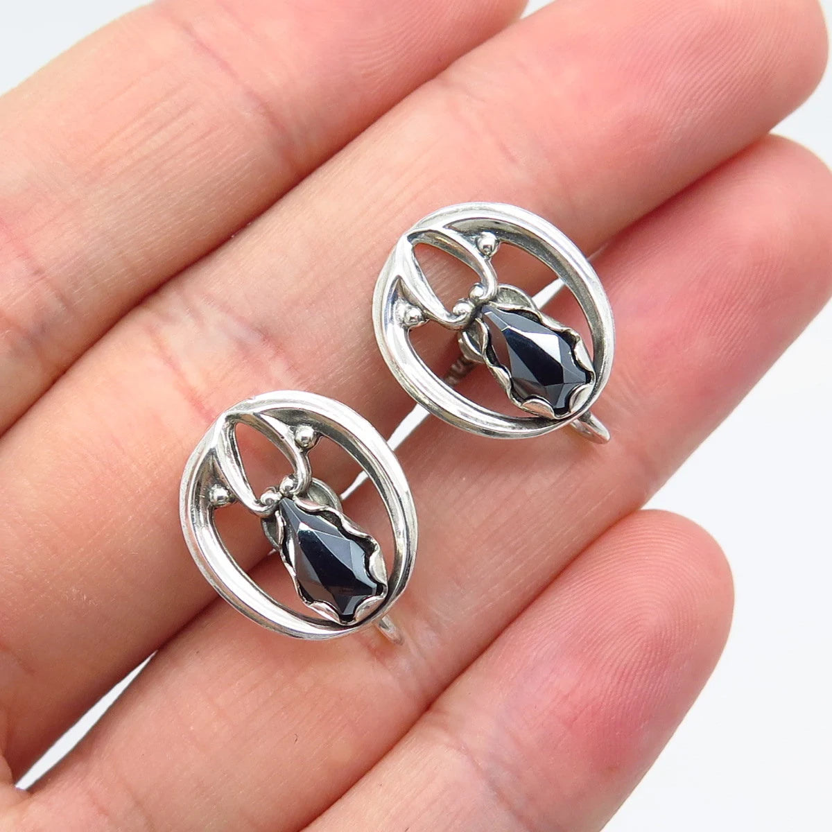 925 Sterling Silver Vintage Real Hematite Gemstone Screw Back Earrings