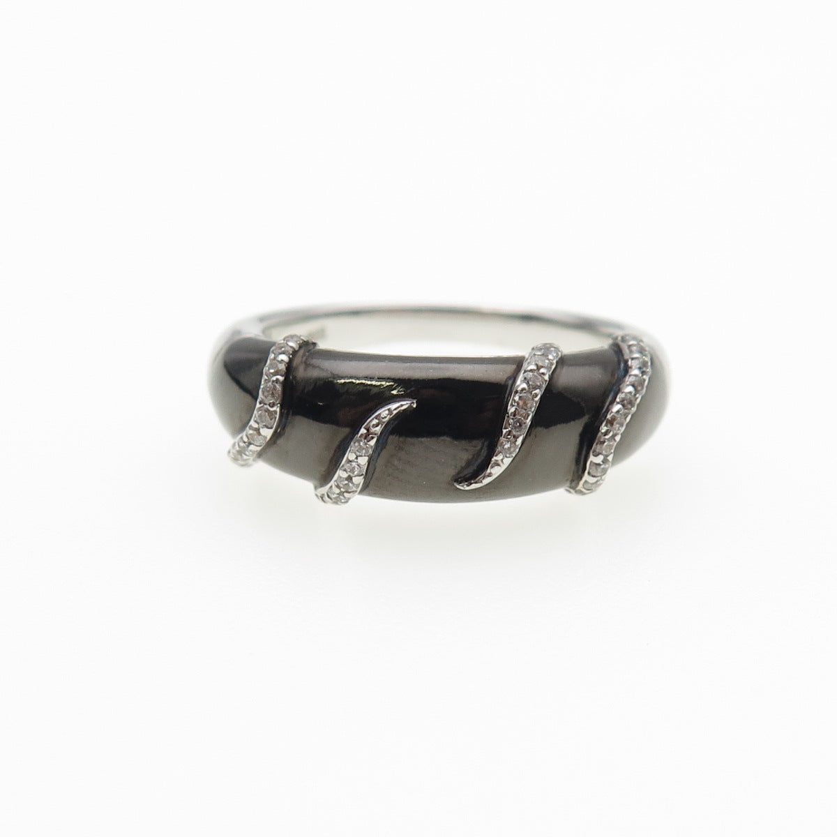 925 Sterling Silver Black Enamel Round-Cut White C Z Ring Size 6.5