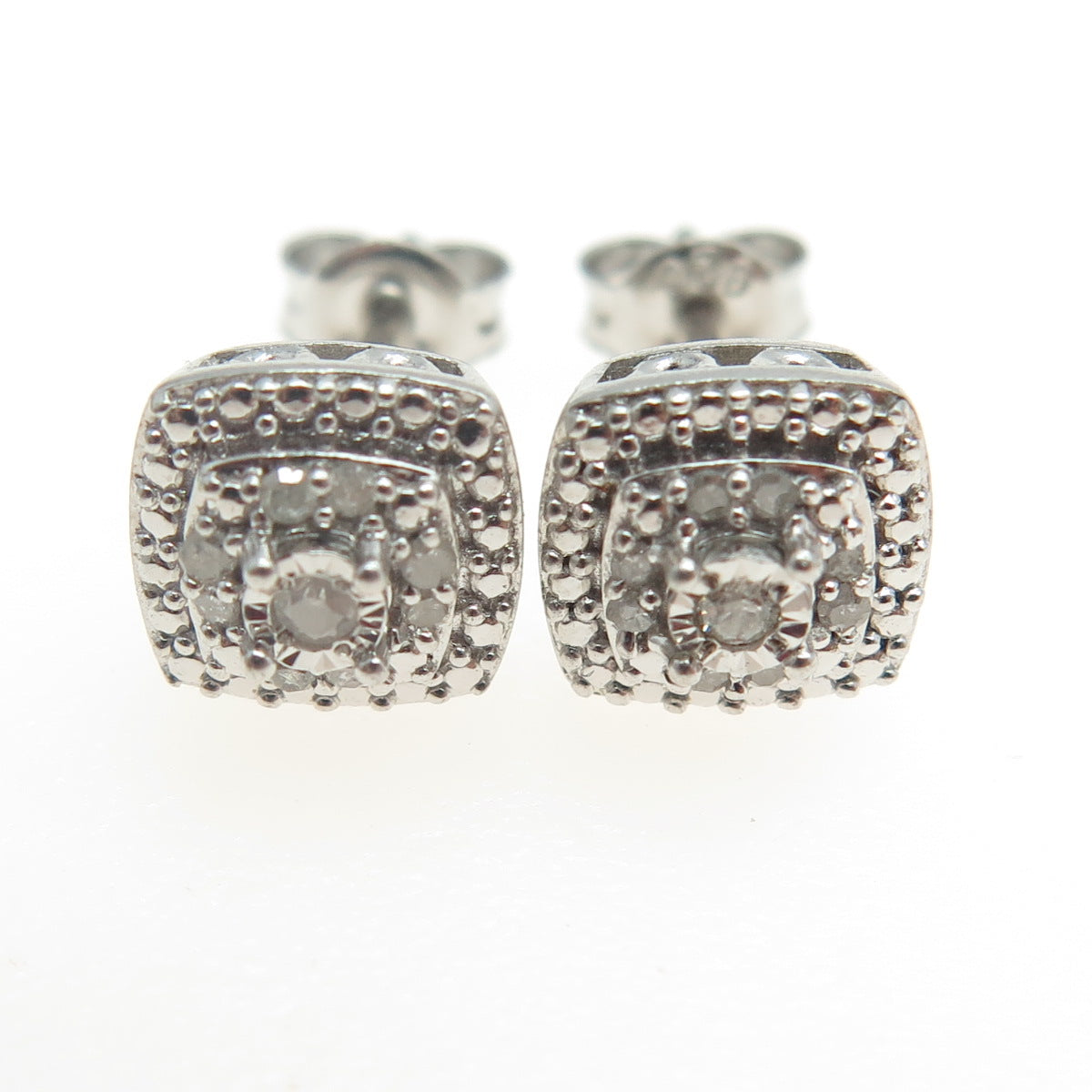 925 Sterling Silver Real Round-Cut Diamond Cushion Stud Earrings