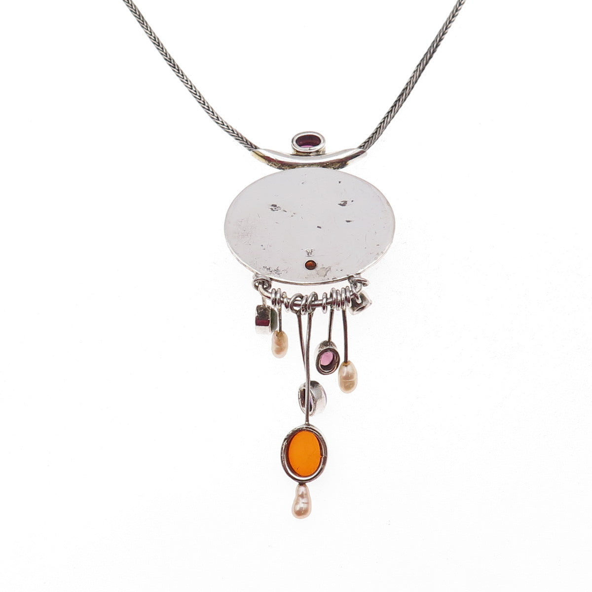 Michou 925 Sterling Vintage Real Multi-Gem & Pearl Modernist Chain Necklace 16"