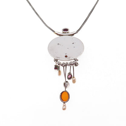 Michou 925 Sterling Vintage Real Multi-Gem & Pearl Modernist Chain Necklace 16"