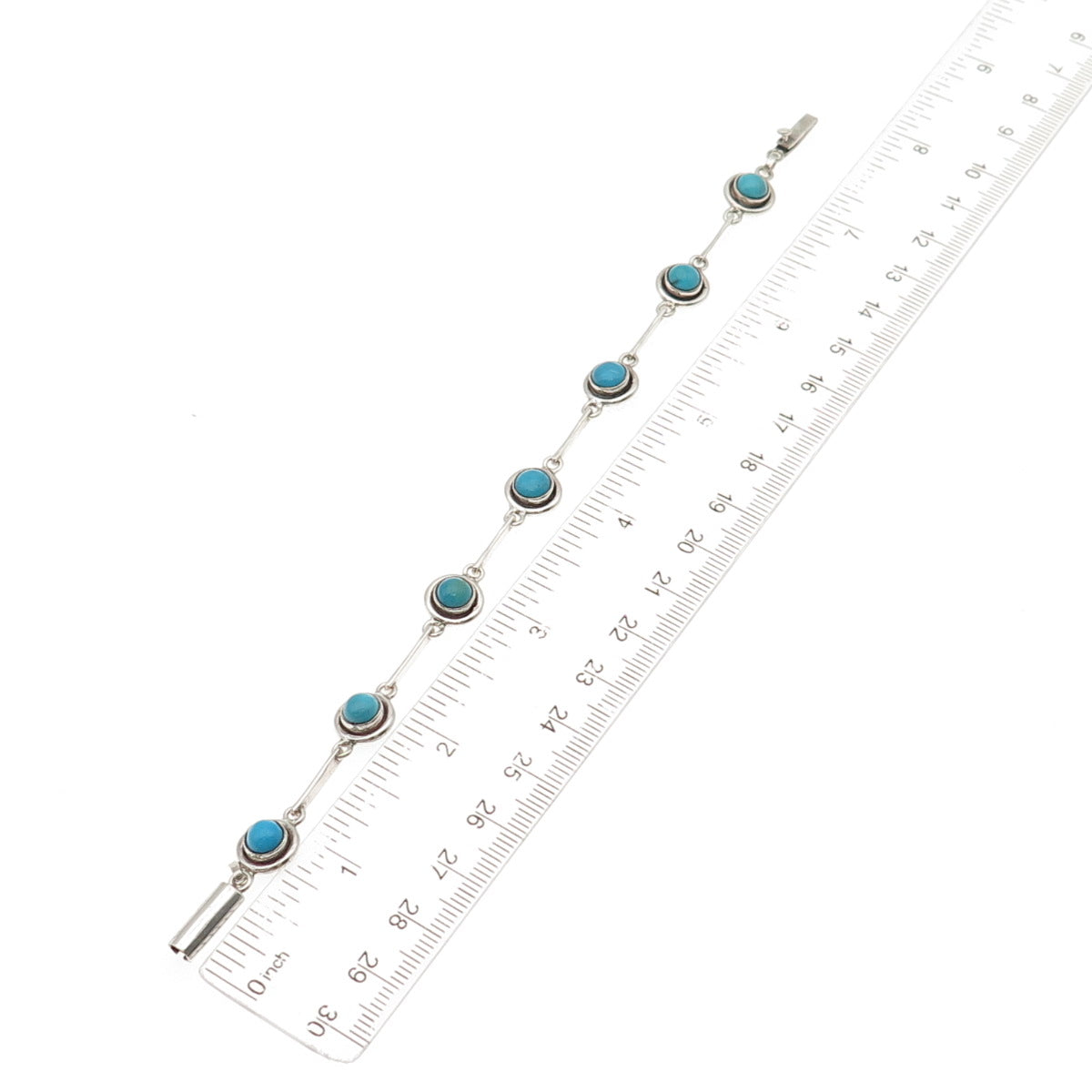 Old Pawn Sterling Silver Vintage Turquoise Station Link Tribal Bracelet 7.25"