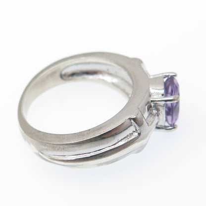 925 Sterling Silver Real Oval-Cut Amethyst Cross Ring Size 7