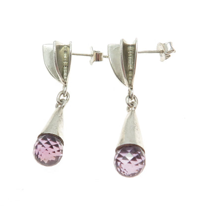 925 Sterling Silver Vintage Real Amethyst Modernist Drop Dangling Earrings