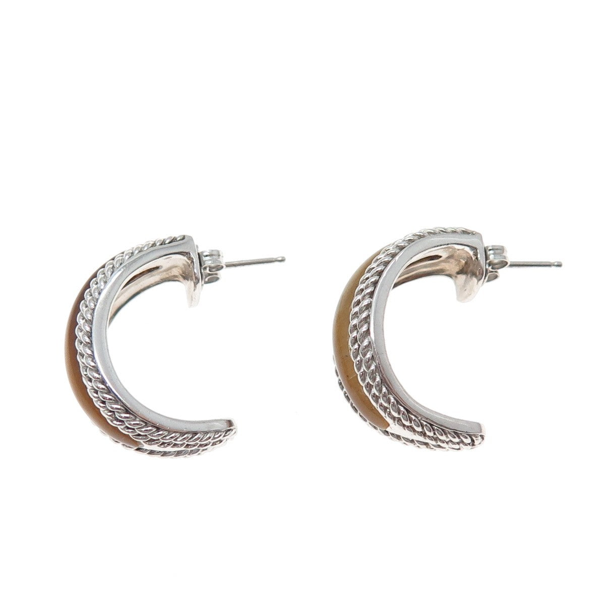 SAI 925 Sterling Silver Vintage Real Tiger Eye Crescent Hoop Earrings