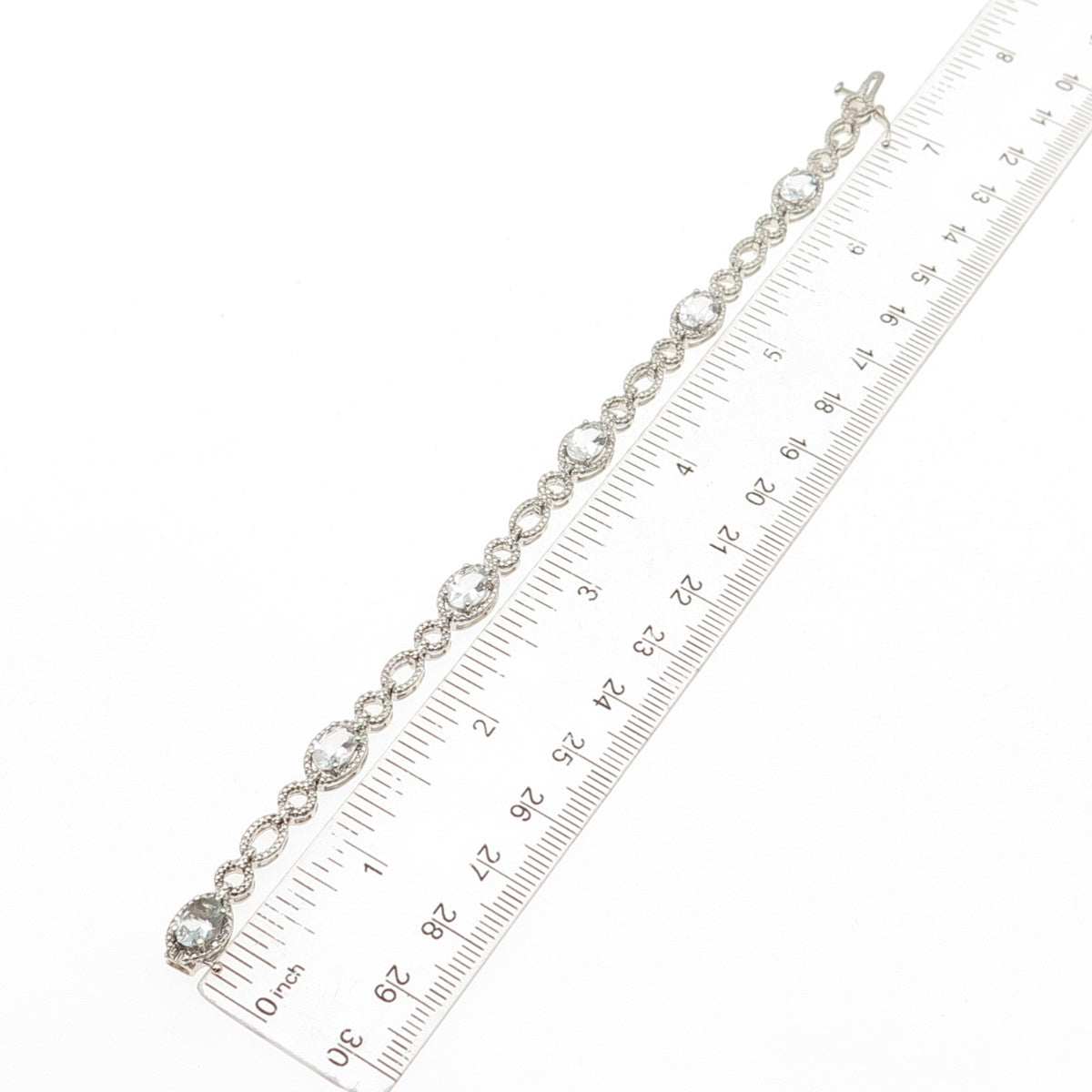 925 Sterling Silver Real Oval-Cut Aquamarine Station Link Bracelet 7"