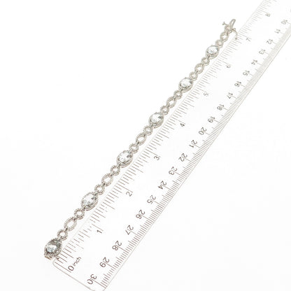 925 Sterling Silver Real Oval-Cut Aquamarine Station Link Bracelet 7"