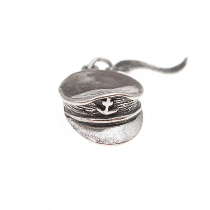 925 Sterling Silver Vintage Navy Officer's Cap Oxidized 3D Charm Pendant