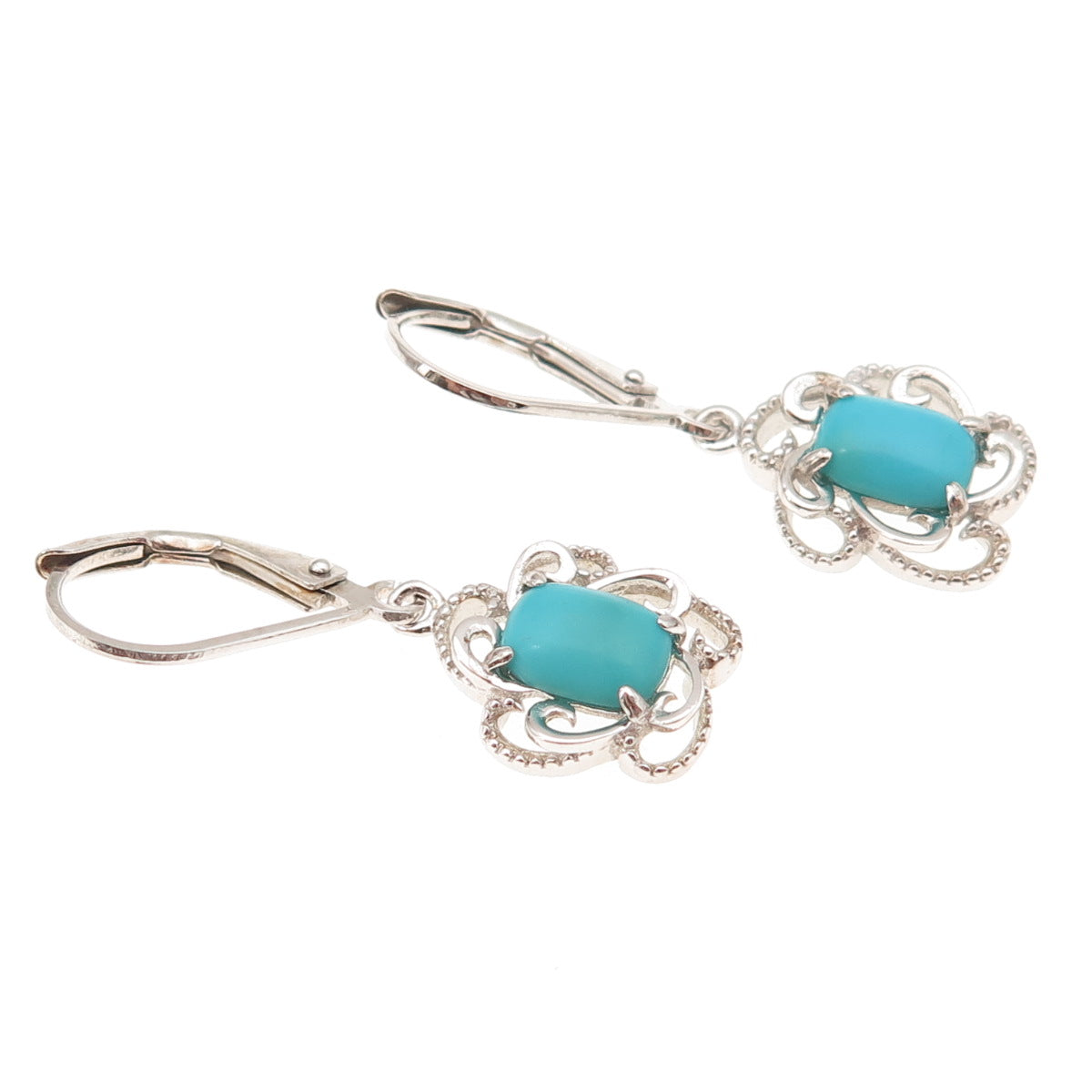 925 Sterling Silver Real Sleeping Beauty Turquoise Floral Dangle Earrings