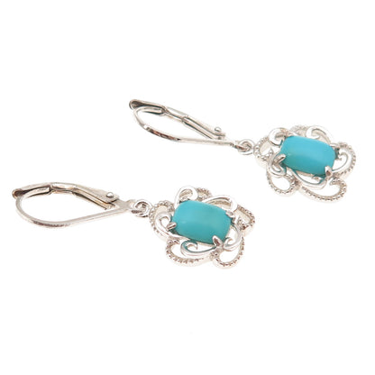 925 Sterling Silver Real Sleeping Beauty Turquoise Floral Dangle Earrings