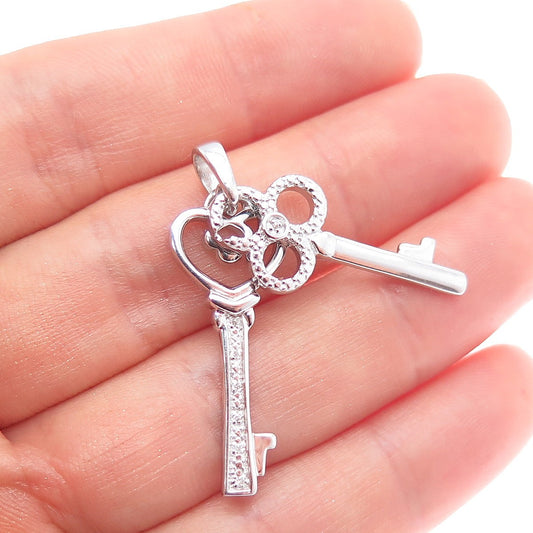 925 Sterling Silver Real Round-Cut Diamond Heart & Club Key Charm Pendant