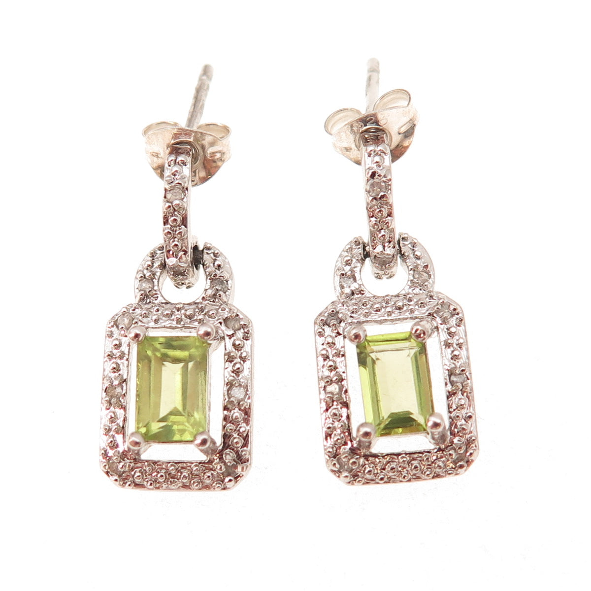 Charles Winston 925 Sterling Silver Real Diamond & Peridot Dangle Earrings