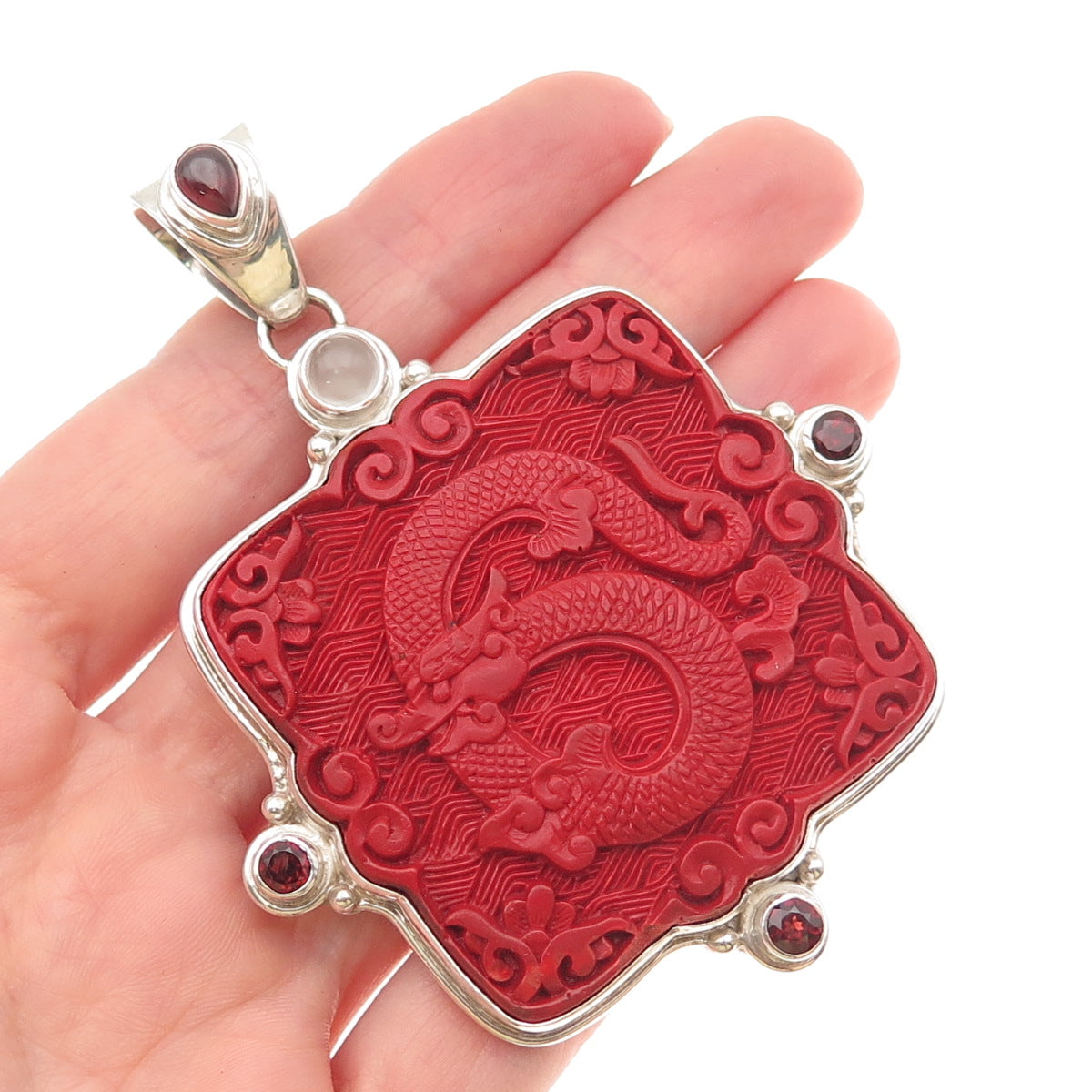 Sajen 925 Sterling Silver Vintage Real Cinnabar Garnet Moonstone Dragon Pendant