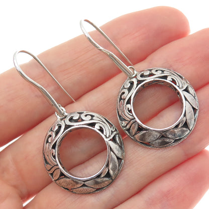 925 Sterling Silver Vintage Floral Ornate Circle Dangle Earrings