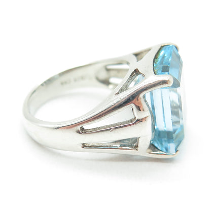 925 Sterling Silver Vintage Real Emerald-Cut Blue Topaz Ring Size 5.5