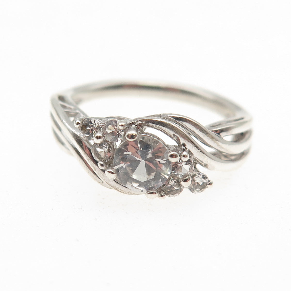 SUN 925 Sterling Silver Real Round-Cut White Topaz Engagement Ring Size 6.75