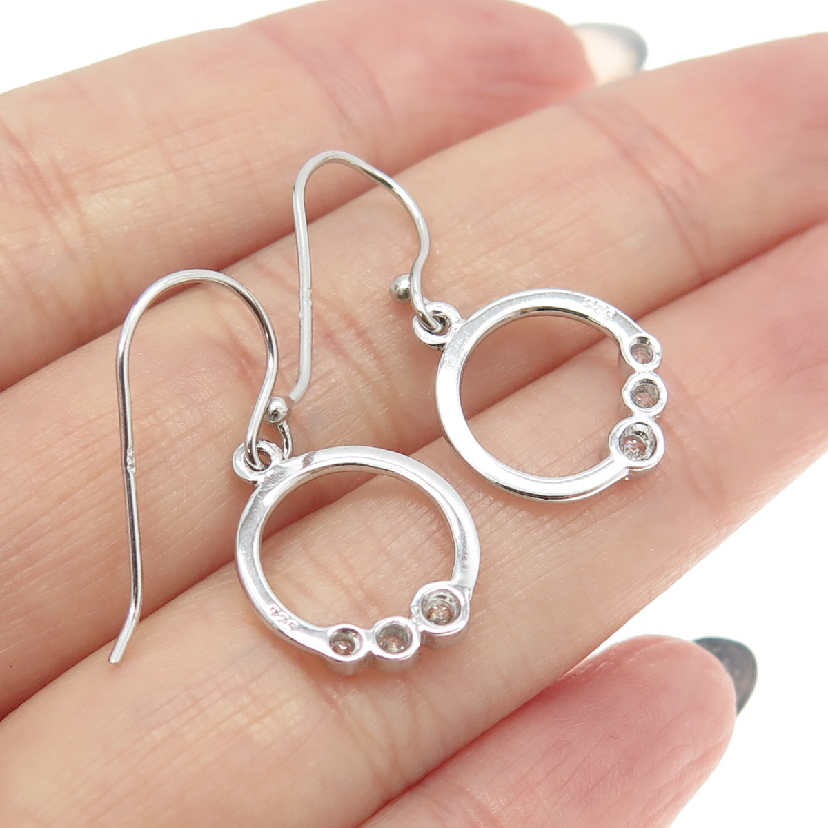 925 Sterling Silver Graduated C Z Circle Dangling Earrings