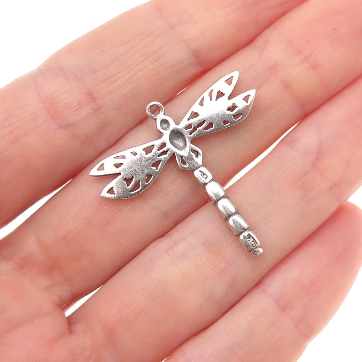 925 Sterling Silver Vintage Real Abalone Shell Dragonfly Oxidized Charm Pendant