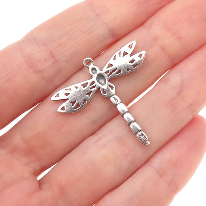 925 Sterling Silver Vintage Real Abalone Shell Dragonfly Oxidized Charm Pendant