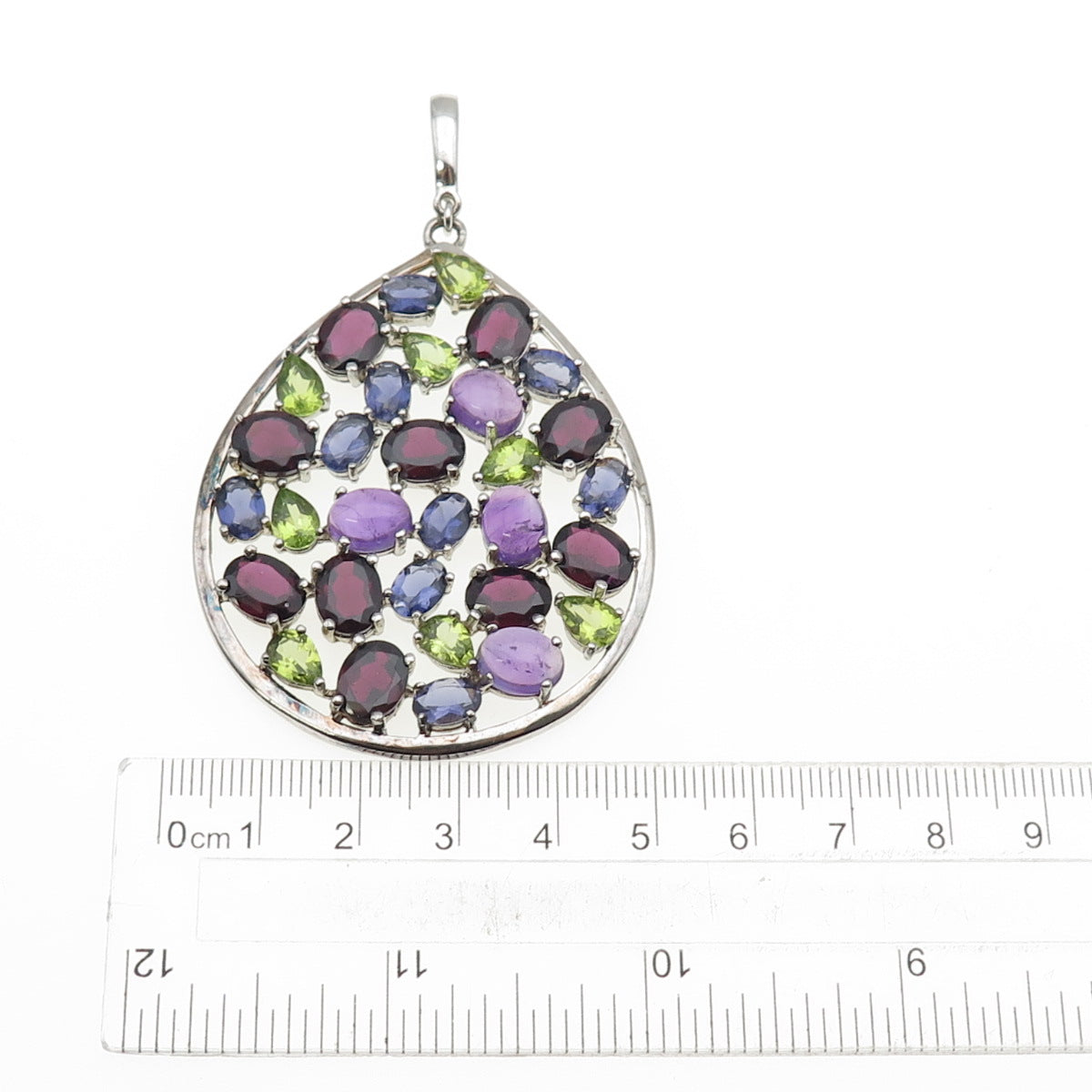 925 Sterling Silver Real Amethyst Iolite & Peridot Cluster Teardrop Pendant