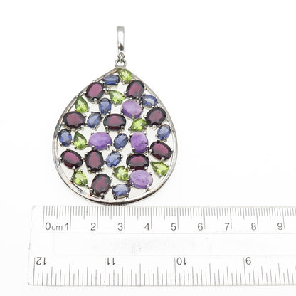 925 Sterling Silver Real Amethyst Iolite & Peridot Cluster Teardrop Pendant